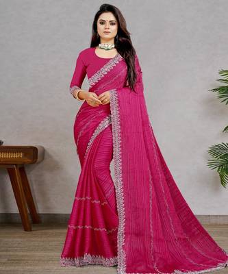 rani pink color georgette siroski work border saree with un-stitched blouse 1