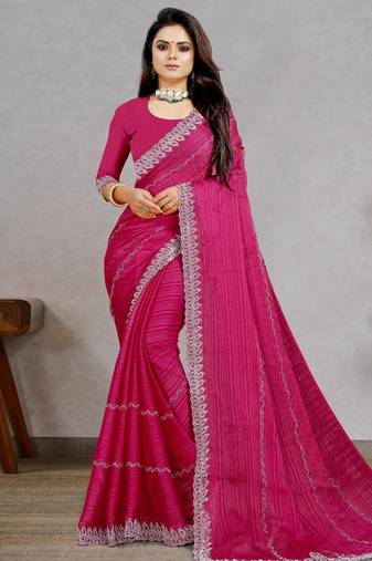 rani pink color georgette siroski work border saree with un-stitched blouse