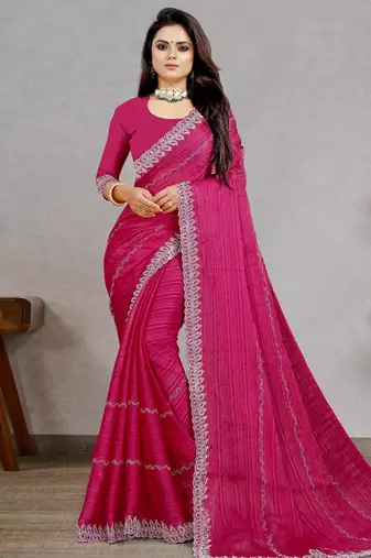 rani pink color georgette siroski work border saree with un-stitched blouse