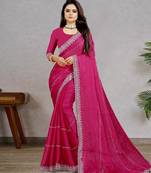 rani pink color georgette siroski work border saree with un-stitched blouse