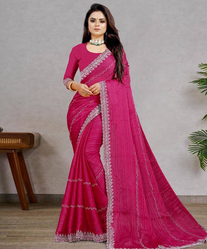 rani pink color georgette siroski work border saree with un-stitched blouse