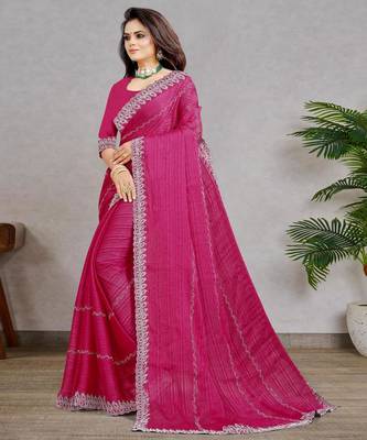 rani pink color georgette siroski work border saree with un-stitched blouse 2