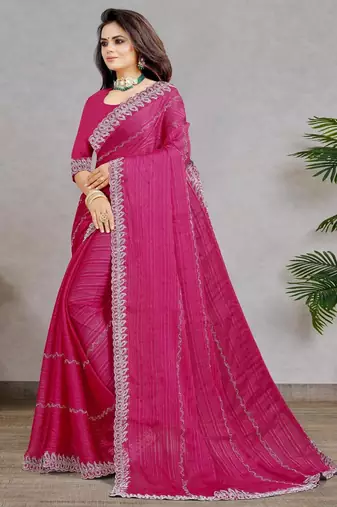 rani pink color georgette siroski work border saree with un-stitched blouse