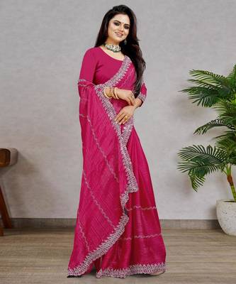 rani pink color georgette siroski work border saree with un-stitched blouse 3