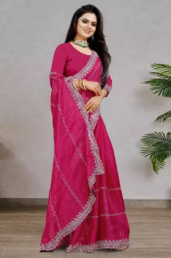 rani pink color georgette siroski work border saree with un-stitched blouse