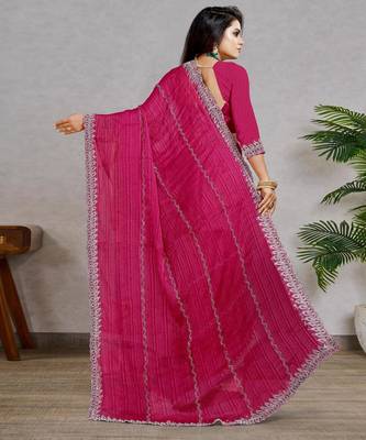 rani pink color georgette siroski work border saree with un-stitched blouse 4
