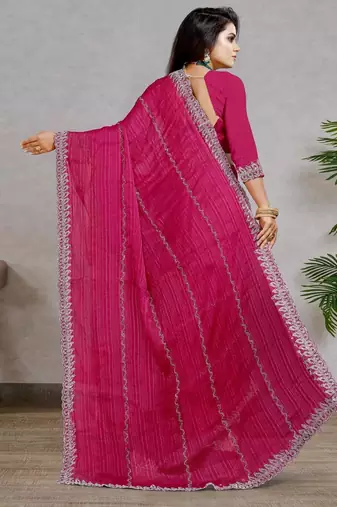 rani pink color georgette siroski work border saree with un-stitched blouse