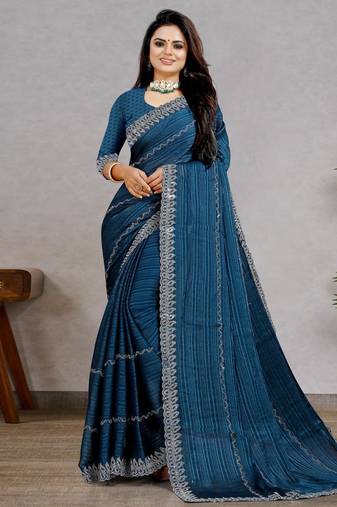 blue color georgette siroski work border saree with un-stitched blouse