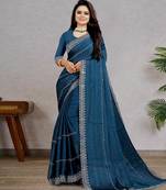 blue color georgette siroski work border saree with un-stitched blouse