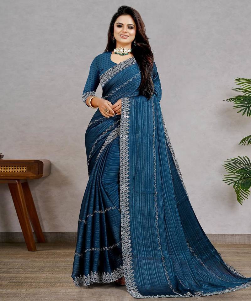 blue color georgette siroski work border saree with un-stitched blouse
