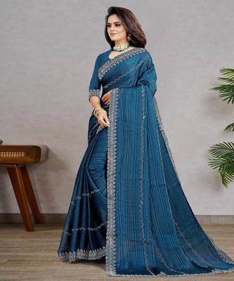 blue color georgette siroski work border saree with un-stitched blouse 2
