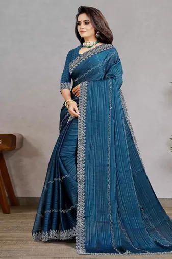 blue color georgette siroski work border saree with un-stitched blouse