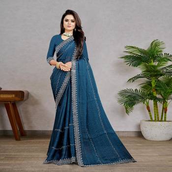 blue color georgette siroski work border saree with un-stitched blouse 3