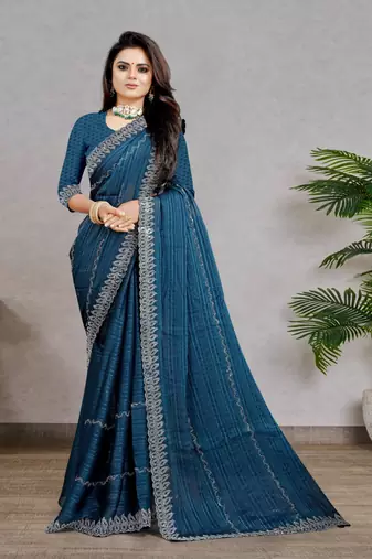 blue color georgette siroski work border saree with un-stitched blouse