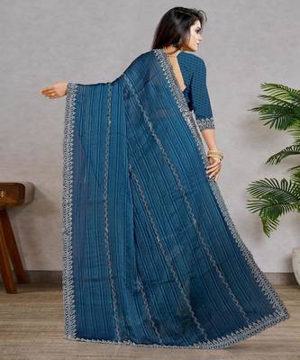 blue color georgette siroski work border saree with un-stitched blouse 4