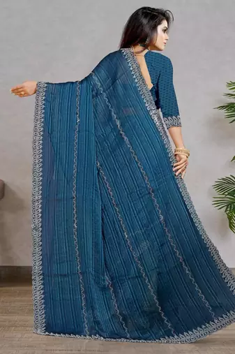 blue color georgette siroski work border saree with un-stitched blouse