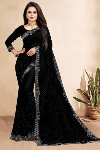 black color georgette siroski work border saree with un-stitched blouse