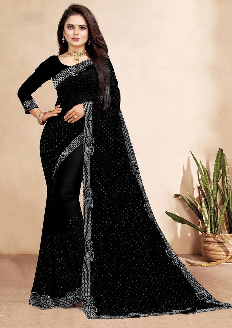 black color georgette siroski work border saree with un-stitched blouse