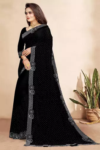 black color georgette siroski work border saree with un-stitched blouse
