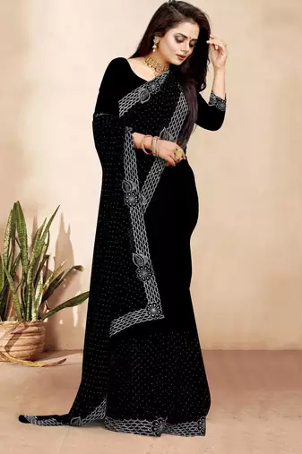 black color georgette siroski work border saree with un-stitched blouse