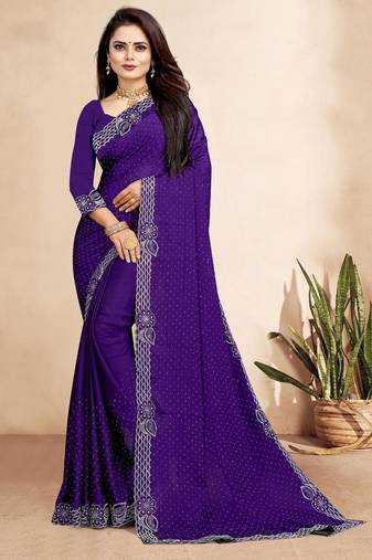 purple blue color georgette siroski work border saree with un-stitched blouse