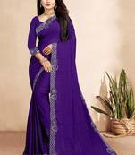 purple blue color georgette siroski work border saree with un-stitched blouse