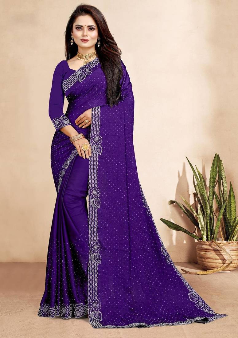 purple blue color georgette siroski work border saree with un-stitched blouse