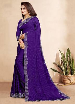 purple blue color georgette siroski work border saree with un-stitched blouse 2