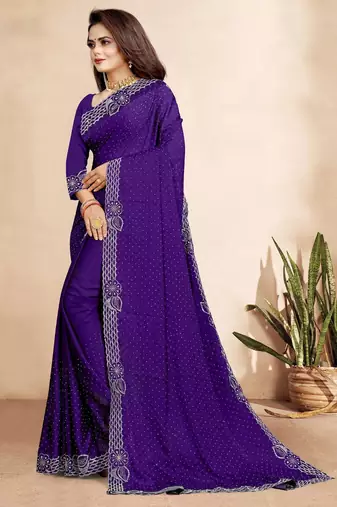 purple blue color georgette siroski work border saree with un-stitched blouse