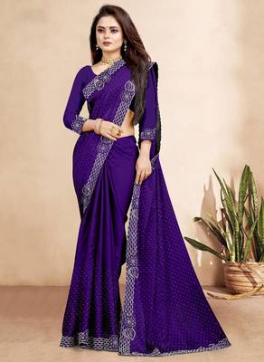 purple blue color georgette siroski work border saree with un-stitched blouse 3
