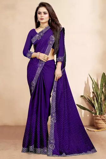 purple blue color georgette siroski work border saree with un-stitched blouse