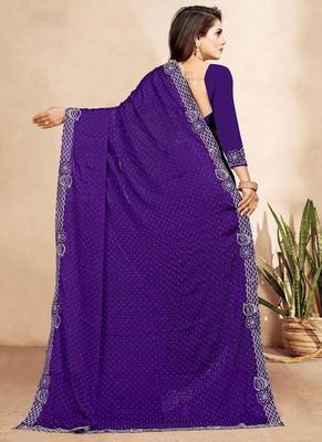 purple blue color georgette siroski work border saree with un-stitched blouse 4