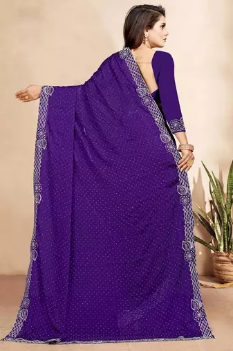purple blue color georgette siroski work border saree with un-stitched blouse