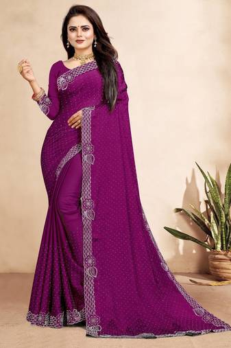 wine blue color georgette siroski work border saree with un-stitched blouse
