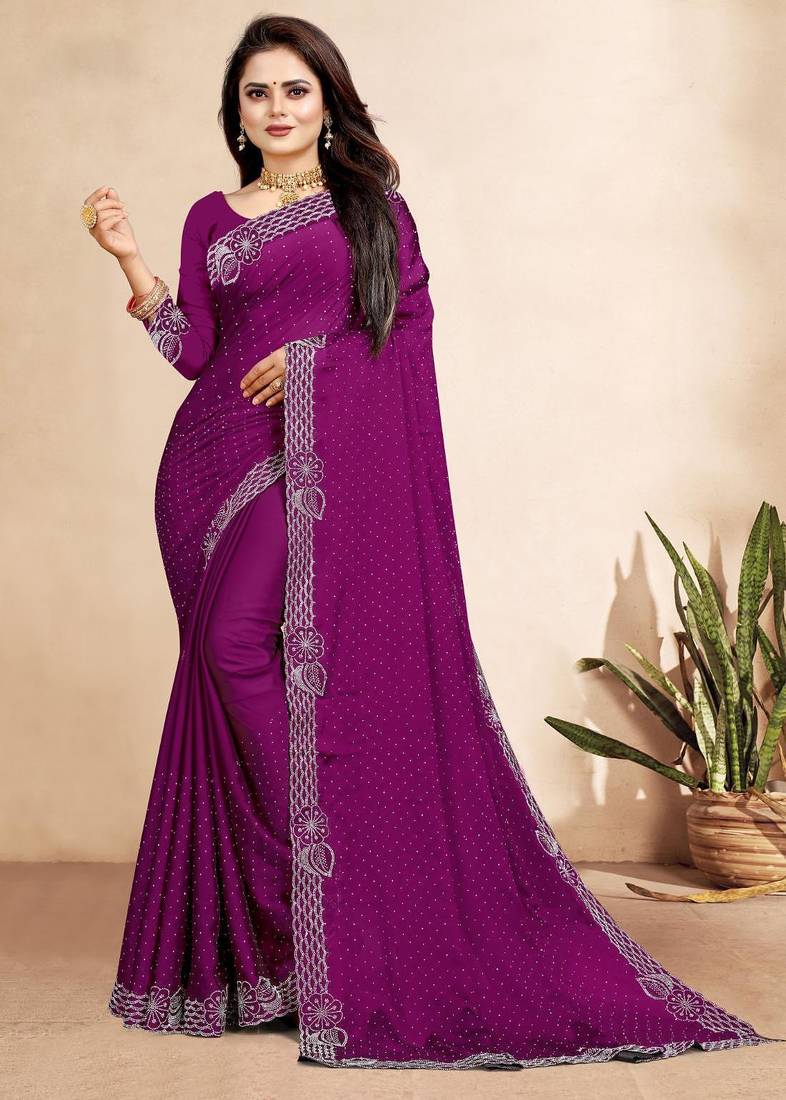 wine blue color georgette siroski work border saree with un-stitched blouse