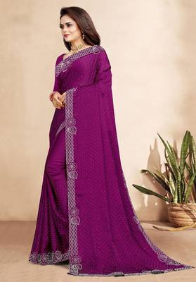 wine blue color georgette siroski work border saree with un-stitched blouse 2