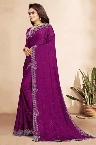 wine blue color georgette siroski work border saree with un-stitched blouse