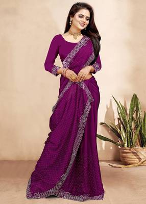wine blue color georgette siroski work border saree with un-stitched blouse 3