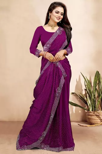 wine blue color georgette siroski work border saree with un-stitched blouse