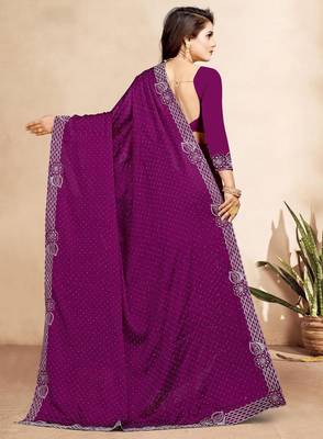 wine blue color georgette siroski work border saree with un-stitched blouse 4