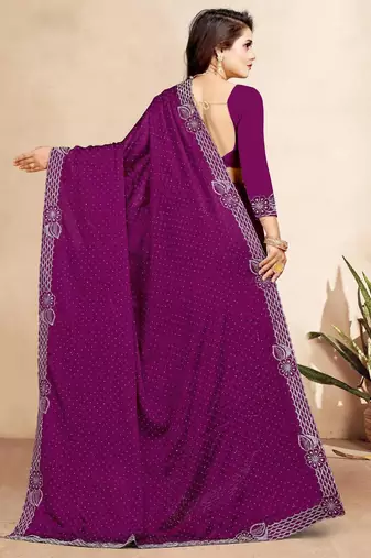 wine blue color georgette siroski work border saree with un-stitched blouse
