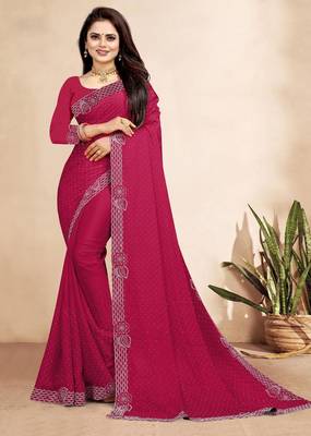 rani pink color georgette siroski work border saree with un-stitched blouse 1