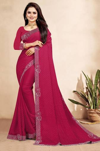rani pink color georgette siroski work border saree with un-stitched blouse