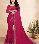 rani pink color georgette siroski work border saree with un-stitched blouse
