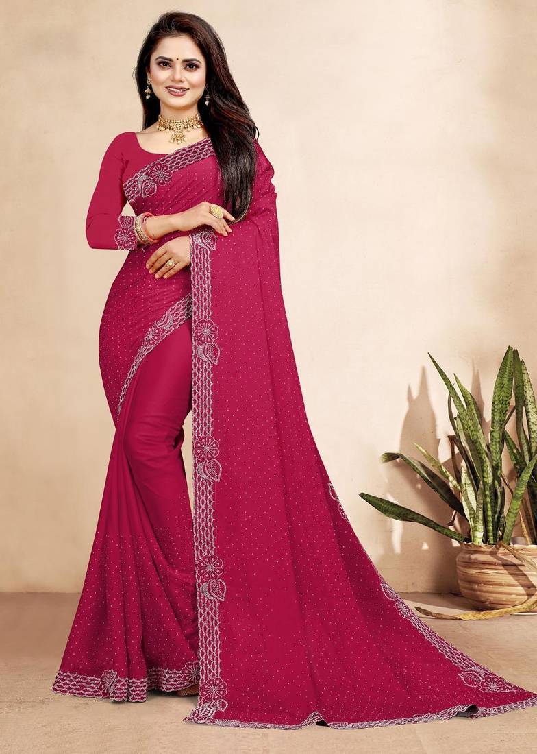 rani pink color georgette siroski work border saree with un-stitched blouse