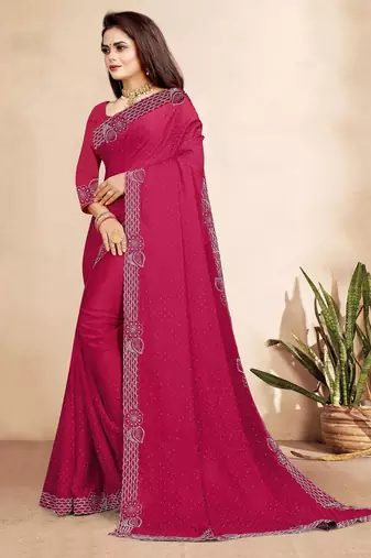 rani pink color georgette siroski work border saree with un-stitched blouse