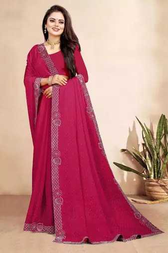 rani pink color georgette siroski work border saree with un-stitched blouse