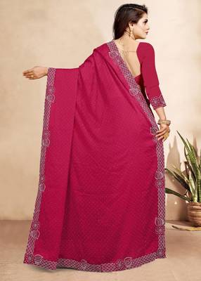 rani pink color georgette siroski work border saree with un-stitched blouse 4