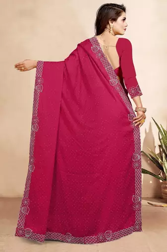rani pink color georgette siroski work border saree with un-stitched blouse