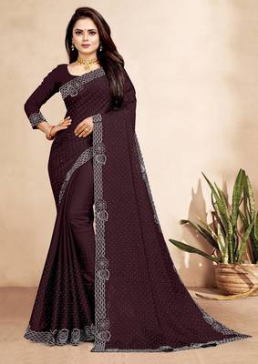 brown color georgette siroski work border saree with un-stitched blouse 1